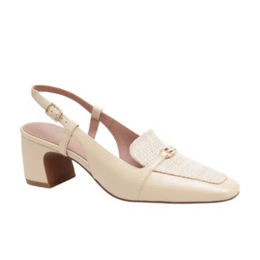 Linea Paolo Cirilla Loafer Pump - Natural Raffia/ Beige Leather Block Heel Size